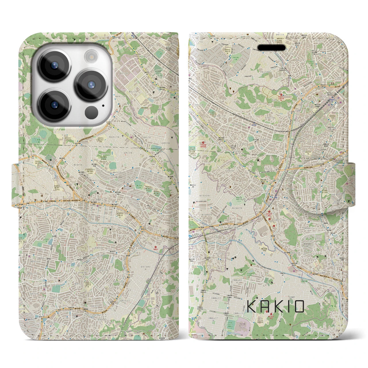 【柿生(神奈川県)】地図柄iPhoneケース(手帳タイプ)ナチュラル・iPhone 14 Pro 用