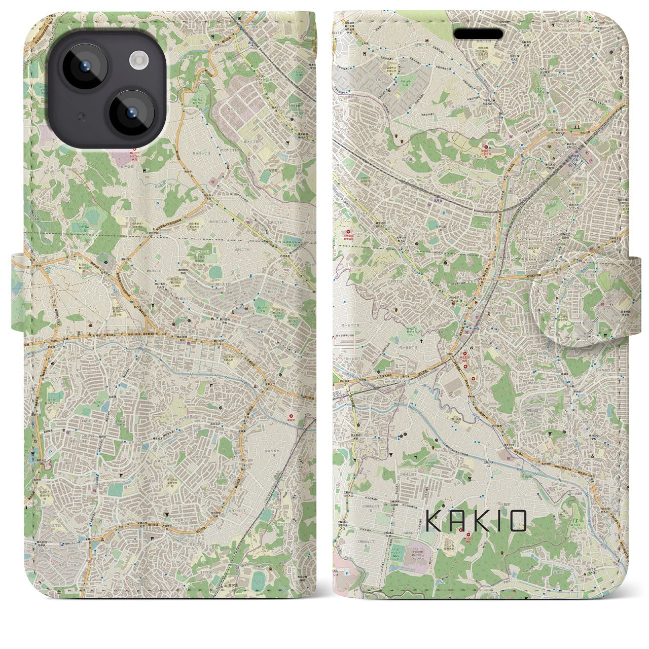 【柿生(神奈川県)】地図柄iPhoneケース(手帳タイプ)ナチュラル・iPhone 14 Plus 用