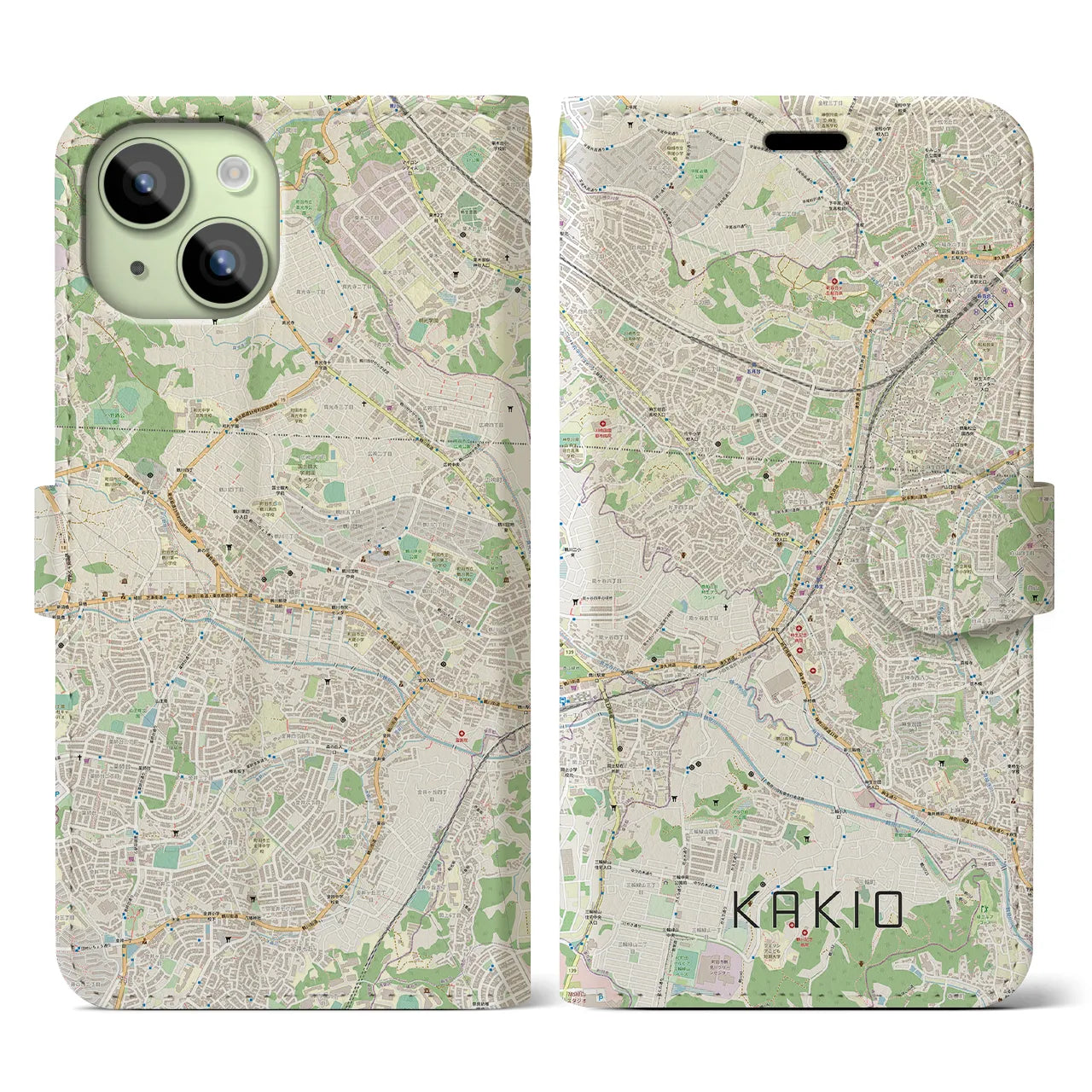 【柿生(神奈川県)】地図柄iPhoneケース(手帳タイプ)ナチュラル・iPhone 15 用