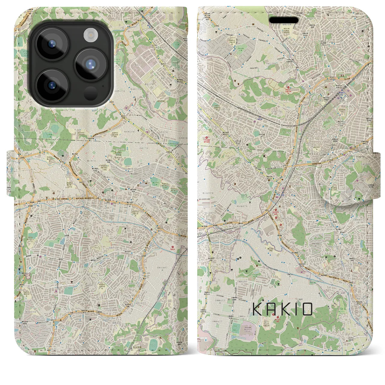 【柿生(神奈川県)】地図柄iPhoneケース(手帳タイプ)ナチュラル・iPhone 15 Pro Max 用