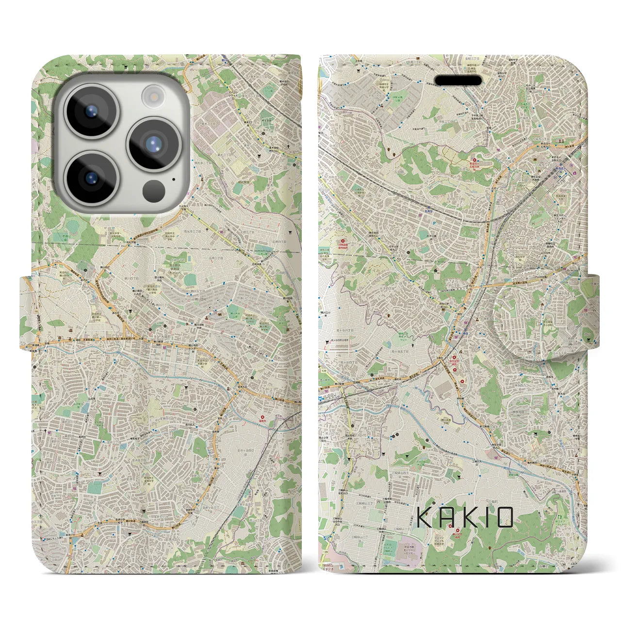 【柿生(神奈川県)】地図柄iPhoneケース(手帳タイプ)ナチュラル・iPhone 15 Pro 用