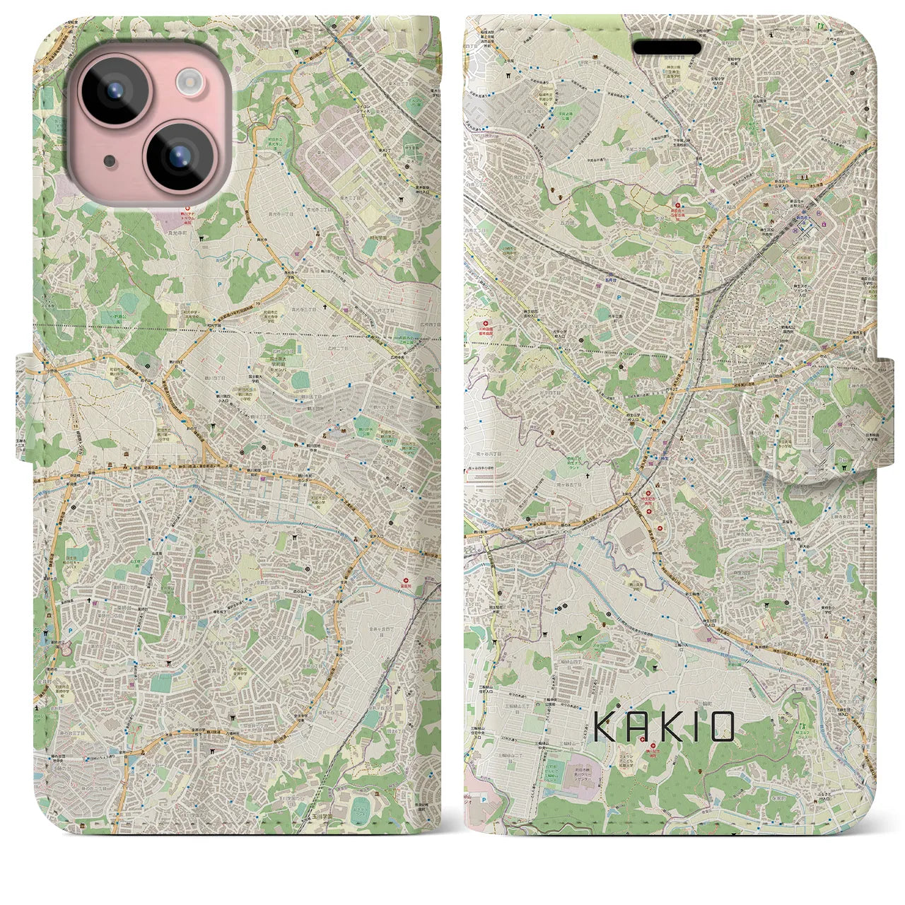 【柿生(神奈川県)】地図柄iPhoneケース(手帳タイプ)ナチュラル・iPhone 15 Plus 用