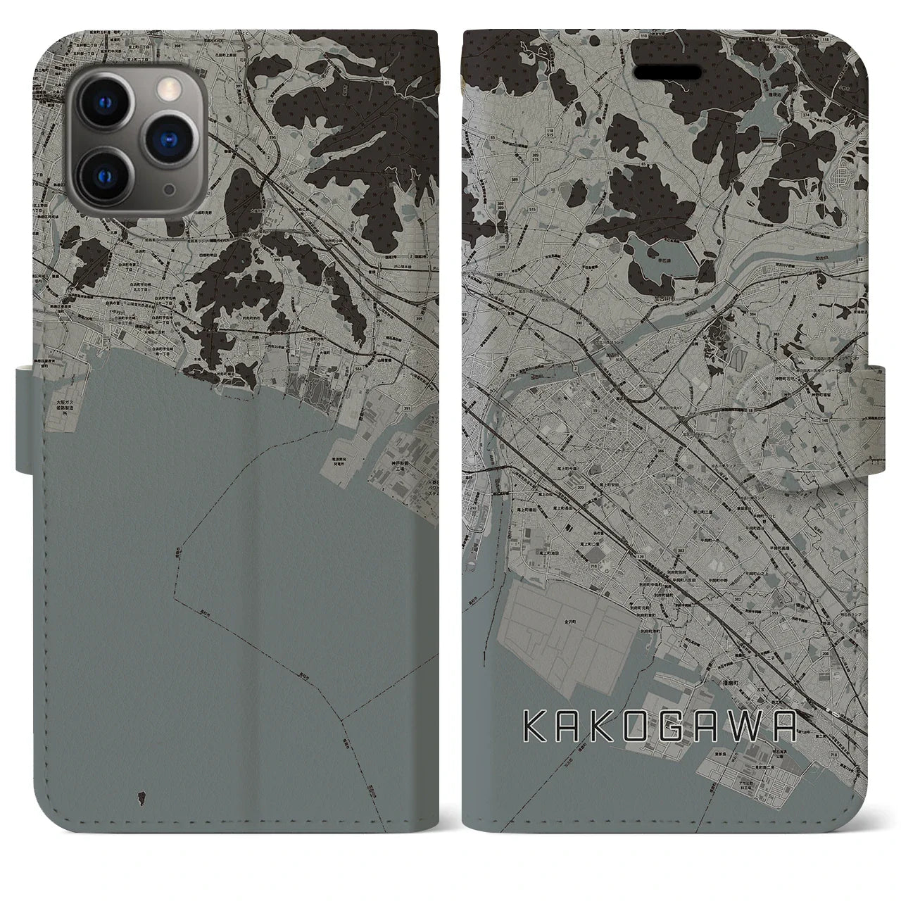 【加古川(兵庫県)】地図柄iPhoneケース(手帳タイプ)モノトーン・iPhone 11 Pro Max 用