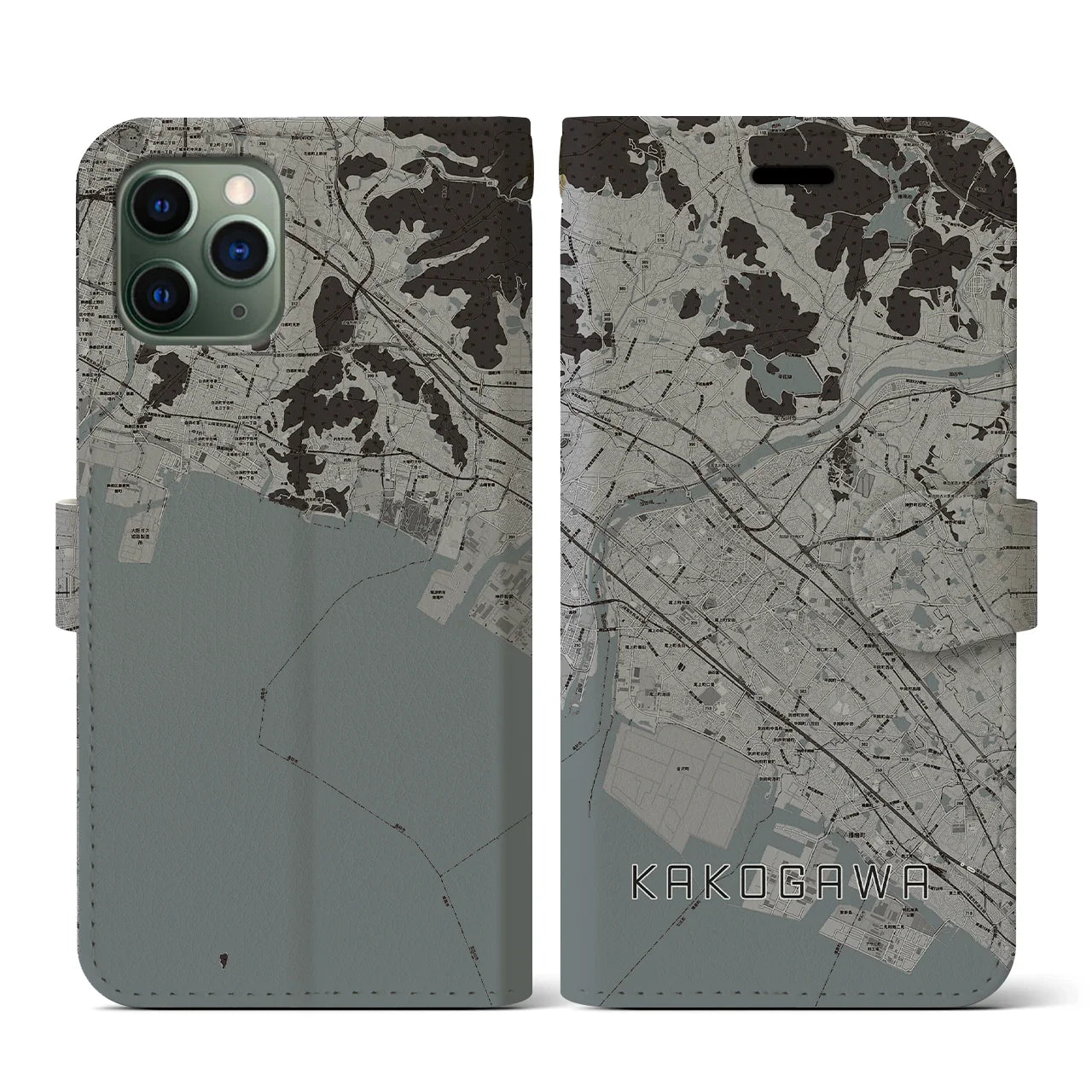 【加古川(兵庫県)】地図柄iPhoneケース(手帳タイプ)モノトーン・iPhone 11 Pro 用
