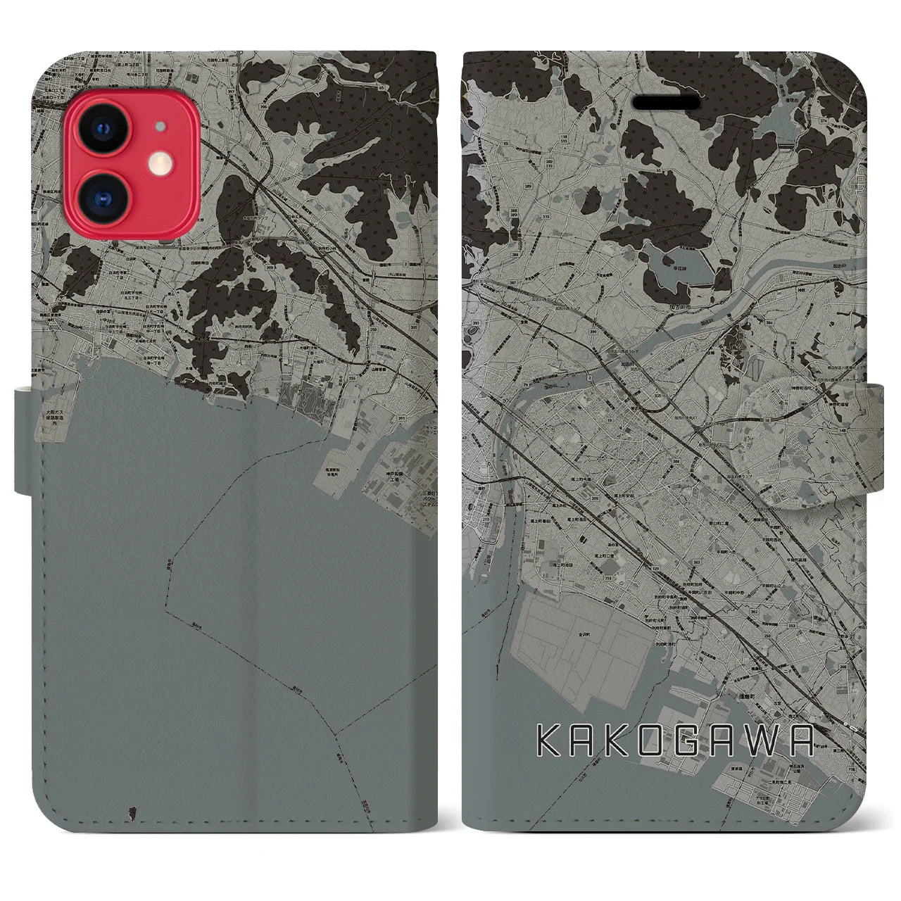 【加古川(兵庫県)】地図柄iPhoneケース(手帳タイプ)モノトーン・iPhone 11 用