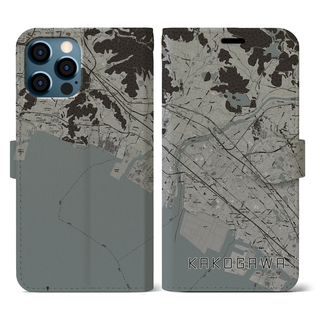 【加古川(兵庫県)】地図柄iPhoneケース(手帳タイプ)モノトーン・iPhone 12 / 12 Pro 用