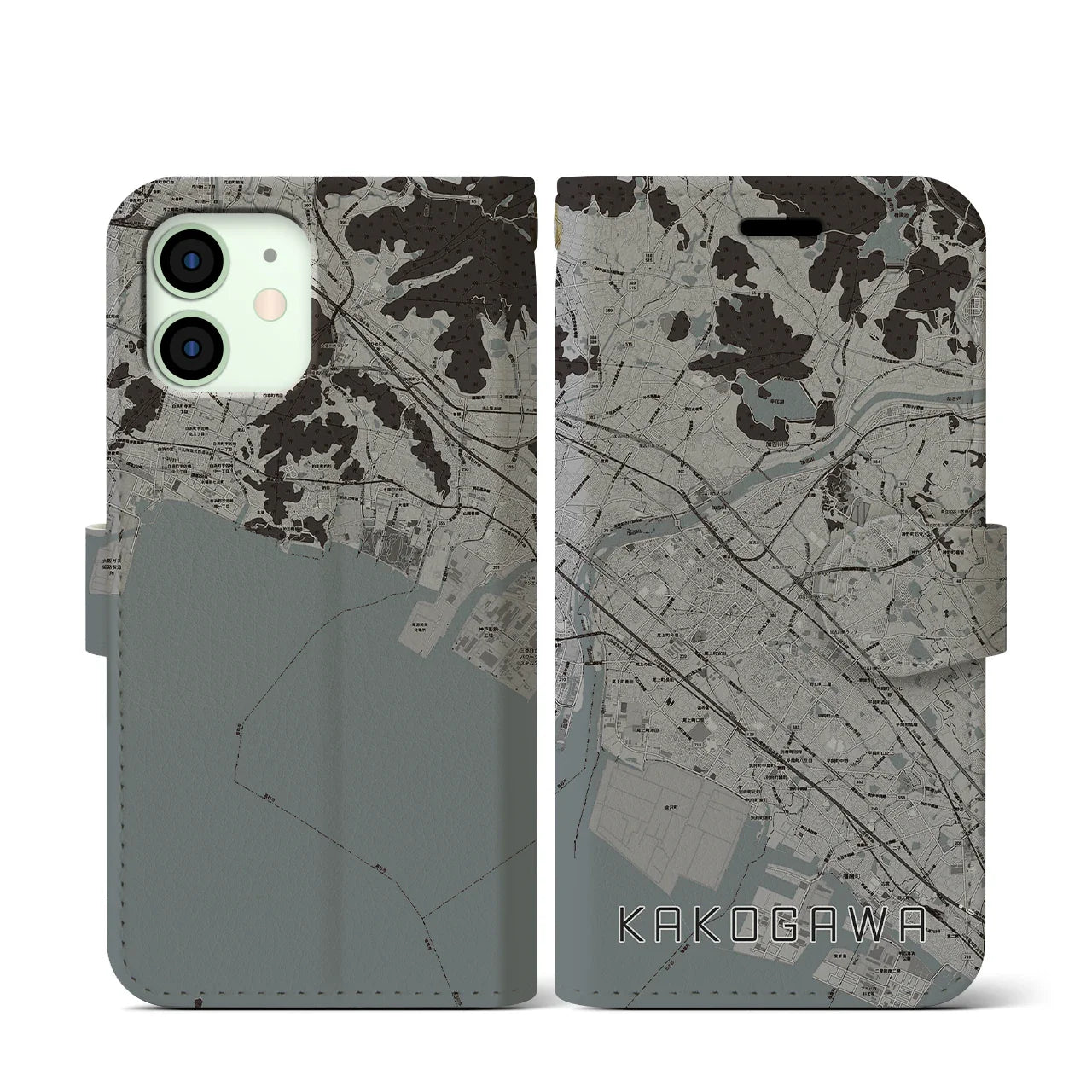 【加古川(兵庫県)】地図柄iPhoneケース(手帳タイプ)モノトーン・iPhone 12 mini 用