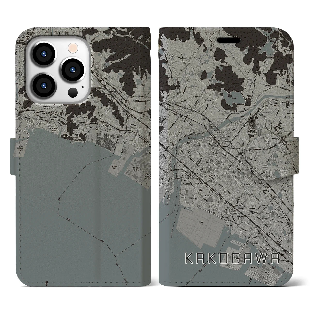 【加古川(兵庫県)】地図柄iPhoneケース(手帳タイプ)モノトーン・iPhone 13 Pro 用