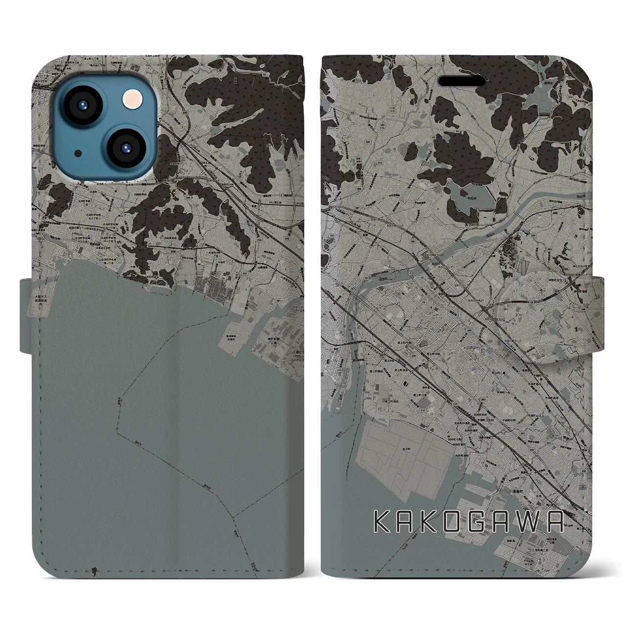 【加古川(兵庫県)】地図柄iPhoneケース(手帳タイプ)モノトーン・iPhone 13 用