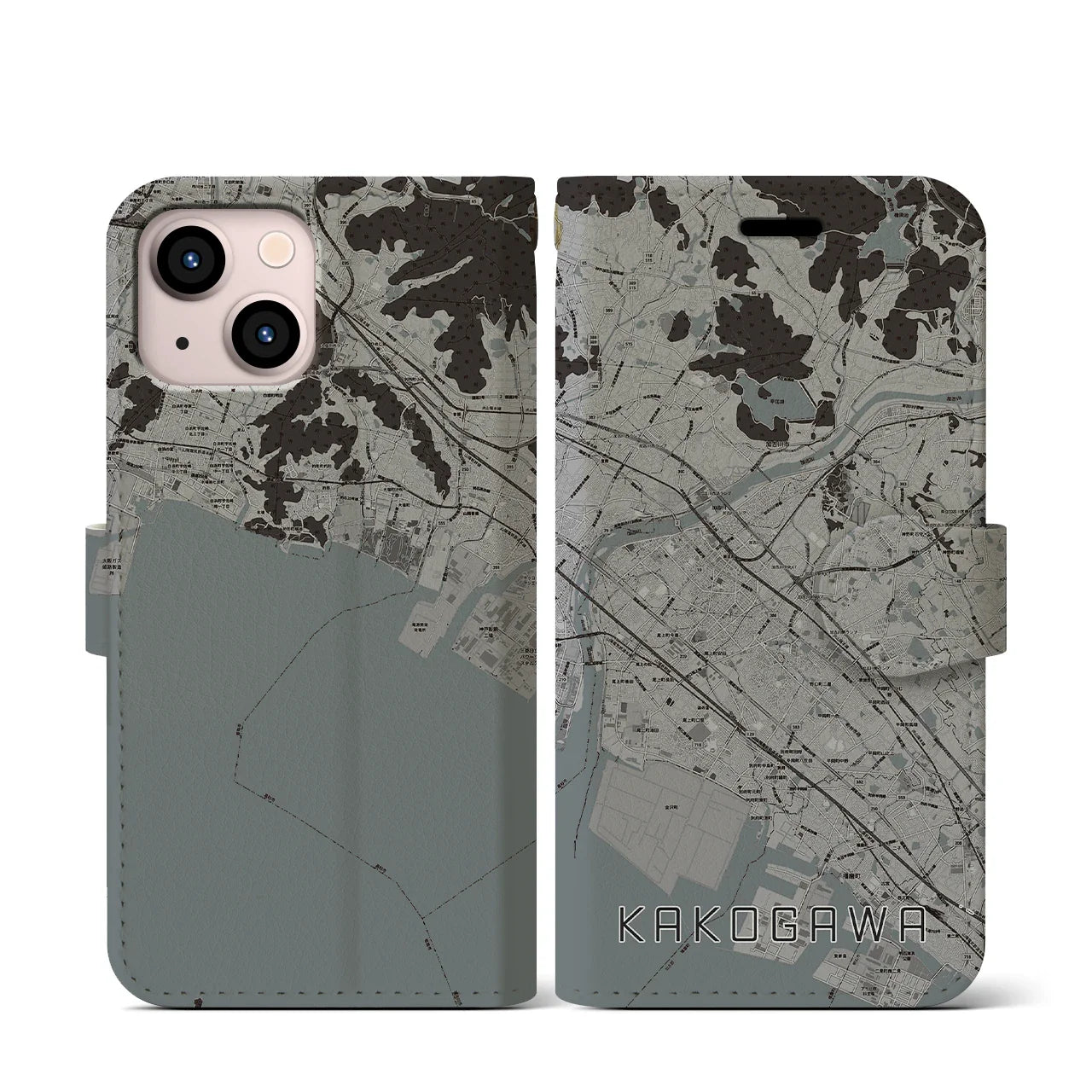 【加古川(兵庫県)】地図柄iPhoneケース(手帳タイプ)モノトーン・iPhone 13 mini 用