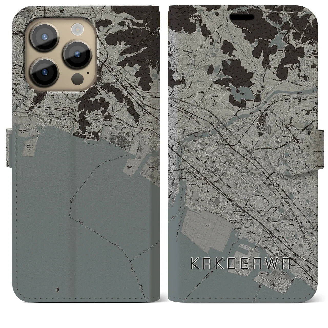 【加古川(兵庫県)】地図柄iPhoneケース(手帳タイプ)モノトーン・iPhone 14 Pro Max 用