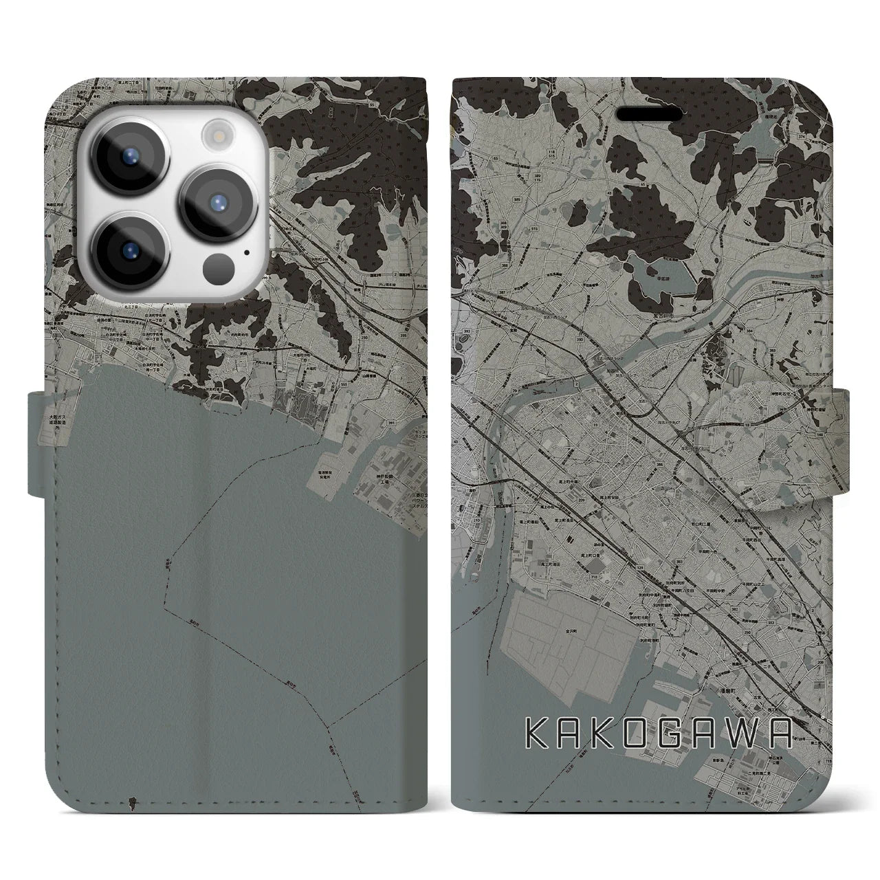 【加古川(兵庫県)】地図柄iPhoneケース(手帳タイプ)モノトーン・iPhone 14 Pro 用