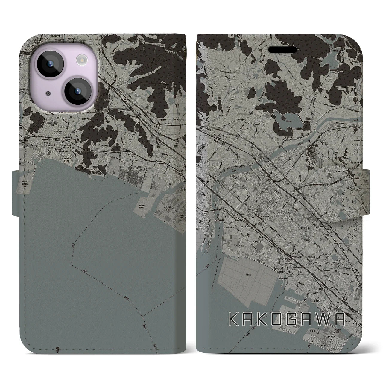 【加古川(兵庫県)】地図柄iPhoneケース(手帳タイプ)モノトーン・iPhone 14 用