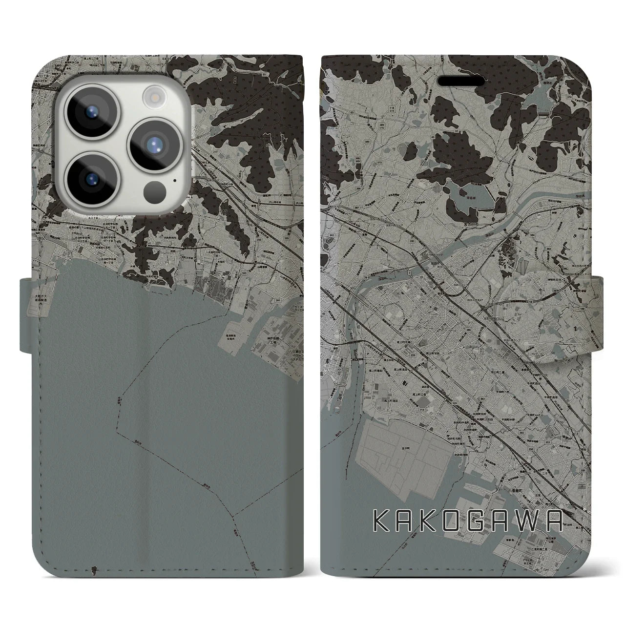 【加古川(兵庫県)】地図柄iPhoneケース(手帳タイプ)モノトーン・iPhone 15 Pro 用