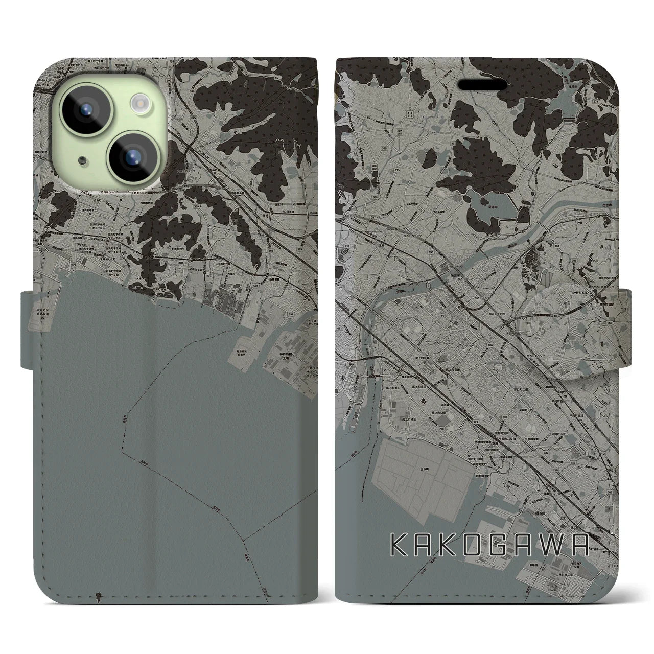 【加古川(兵庫県)】地図柄iPhoneケース(手帳タイプ)モノトーン・iPhone 15 用