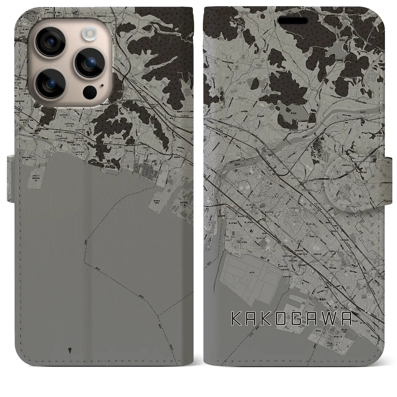 【加古川(兵庫県)】地図柄iPhoneケース(手帳タイプ)モノトーン・iPhone 16 Plus 用