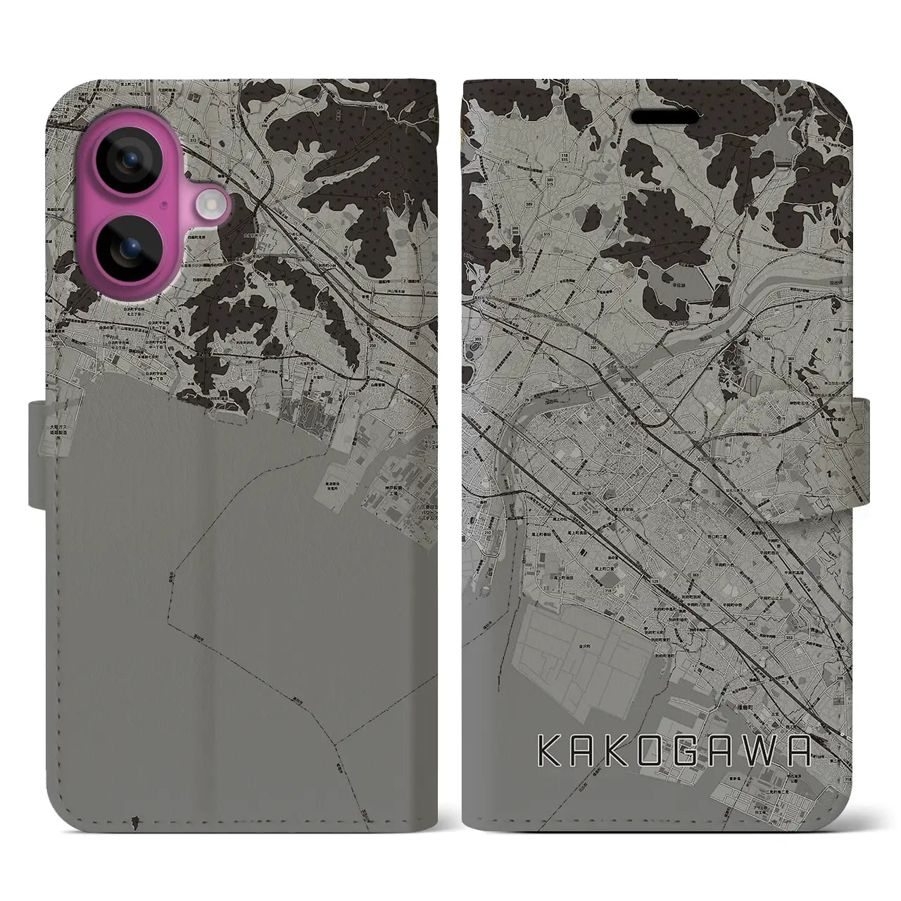 【加古川(兵庫県)】地図柄iPhoneケース(手帳タイプ)モノトーン・iPhone 16 Pro 用