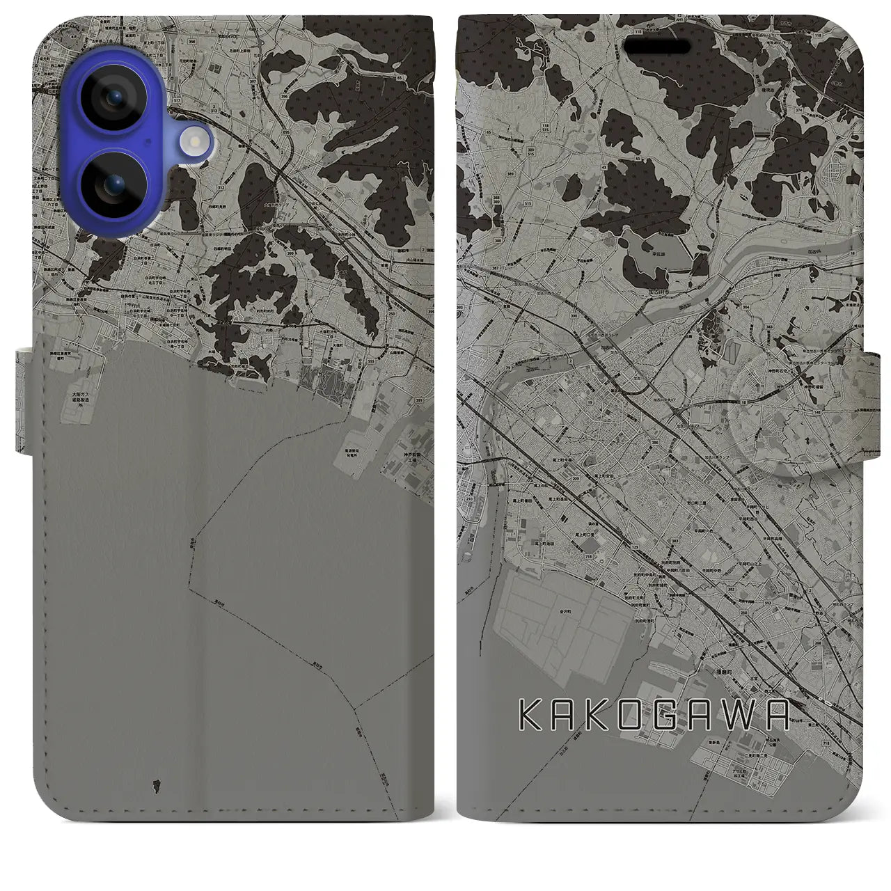 【加古川(兵庫県)】地図柄iPhoneケース(手帳タイプ)モノトーン・iPhone 16 Pro Max 用