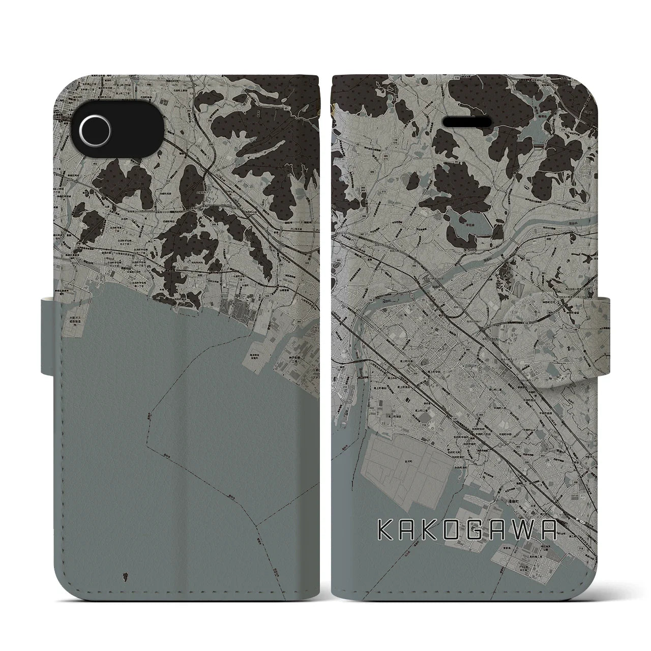 【加古川(兵庫県)】地図柄iPhoneケース(手帳タイプ)モノトーン・iPhone SE(第3 / 第2世代) / 8 / 7 / 6s / 6 用