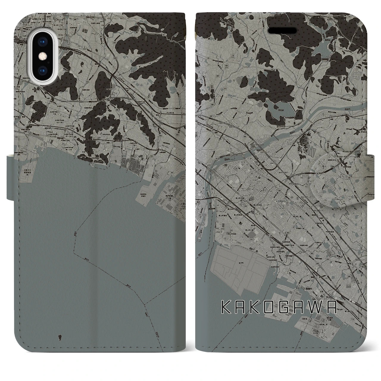 【加古川(兵庫県)】地図柄iPhoneケース(手帳タイプ)モノトーン・iPhone XS Max 用
