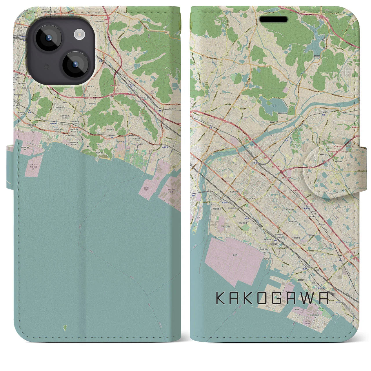 【加古川(兵庫県)】地図柄iPhoneケース(手帳タイプ)ナチュラル・iPhone 14 Plus 用