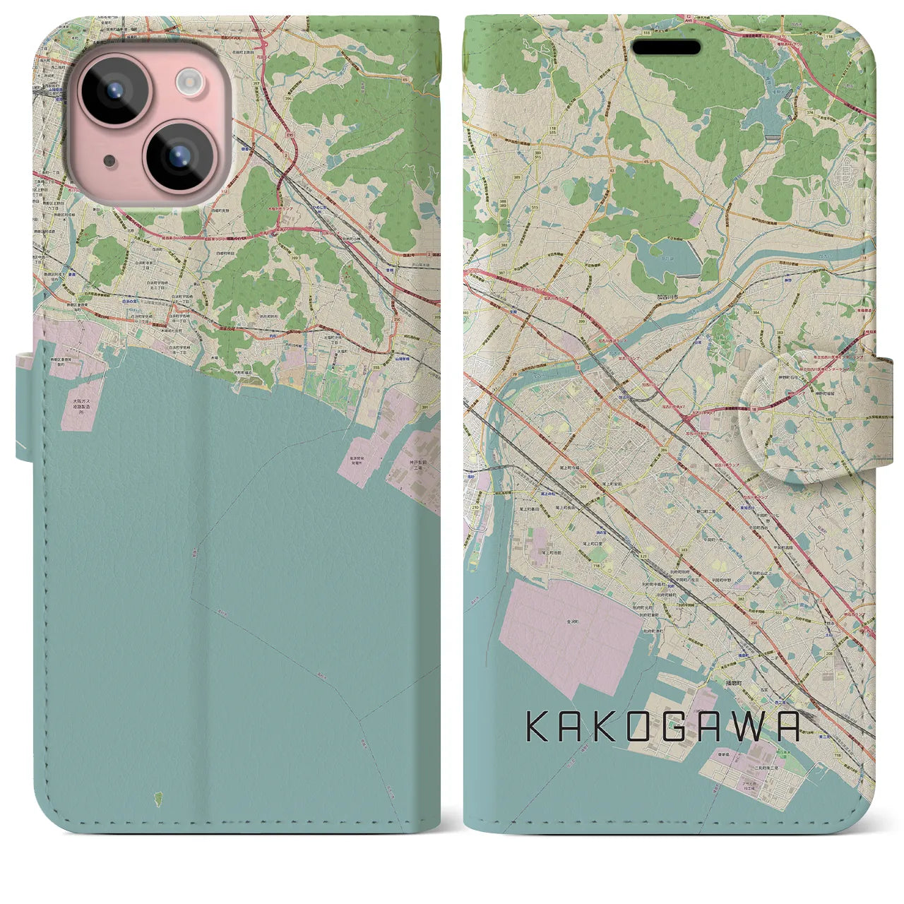 【加古川(兵庫県)】地図柄iPhoneケース(手帳タイプ)ナチュラル・iPhone 15 Plus 用
