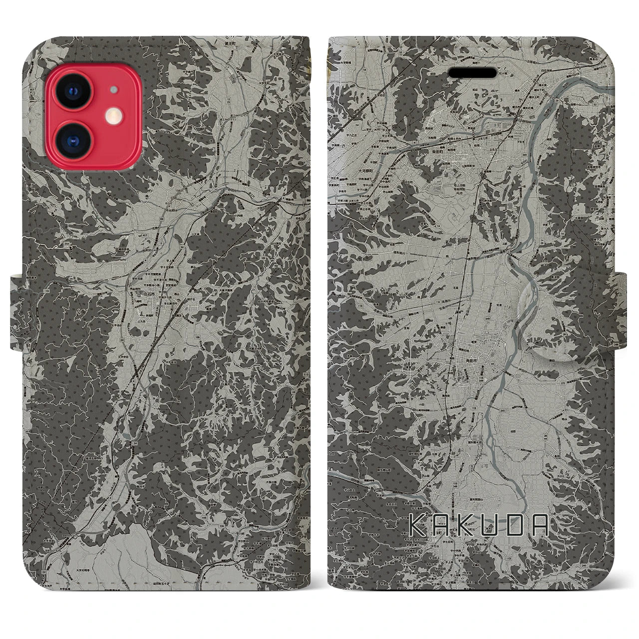 【角田(宮城県)】地図柄iPhoneケース(手帳タイプ)モノトーン・iPhone 11 用