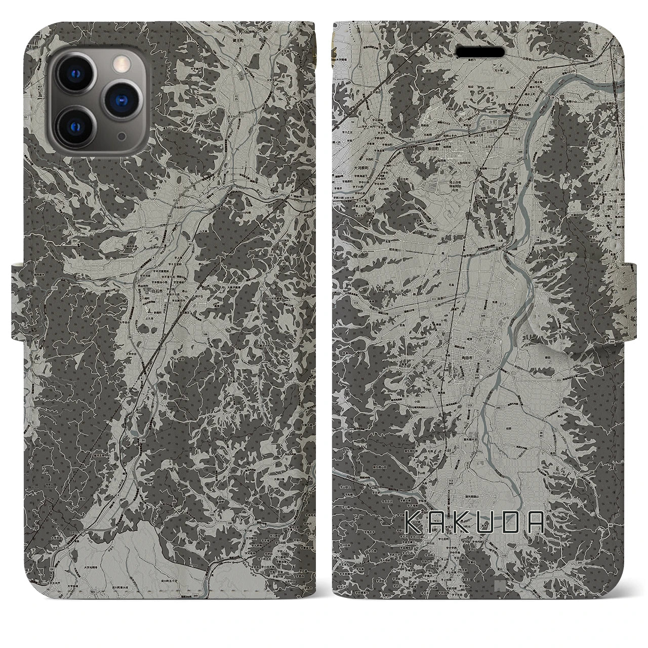 【角田(宮城県)】地図柄iPhoneケース(手帳タイプ)モノトーン・iPhone 11 Pro Max 用