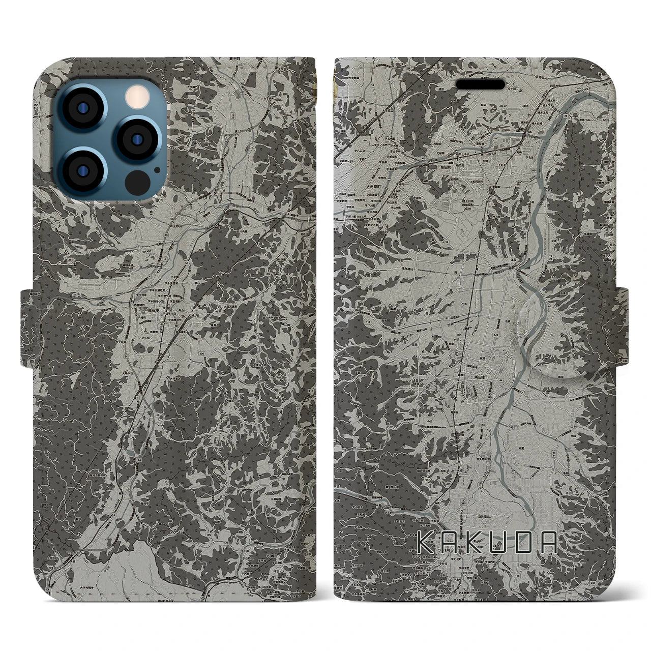 【角田(宮城県)】地図柄iPhoneケース(手帳タイプ)モノトーン・iPhone 12 / 12 Pro 用