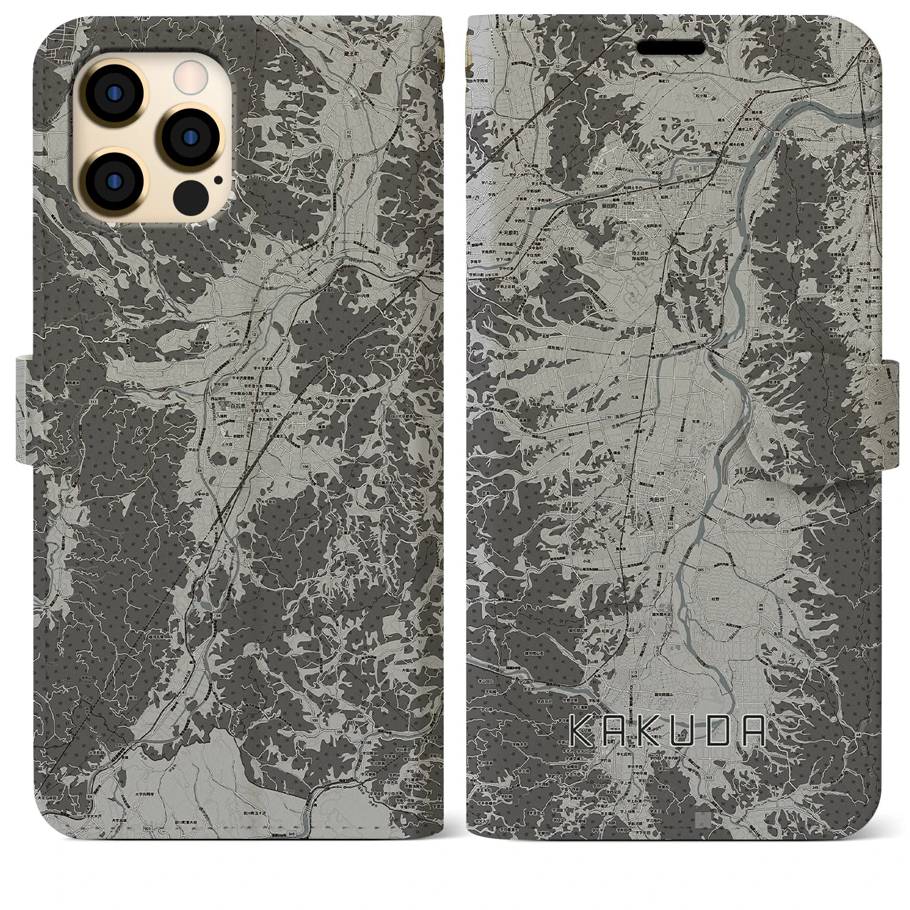 【角田(宮城県)】地図柄iPhoneケース(手帳タイプ)モノトーン・iPhone 12 Pro Max 用