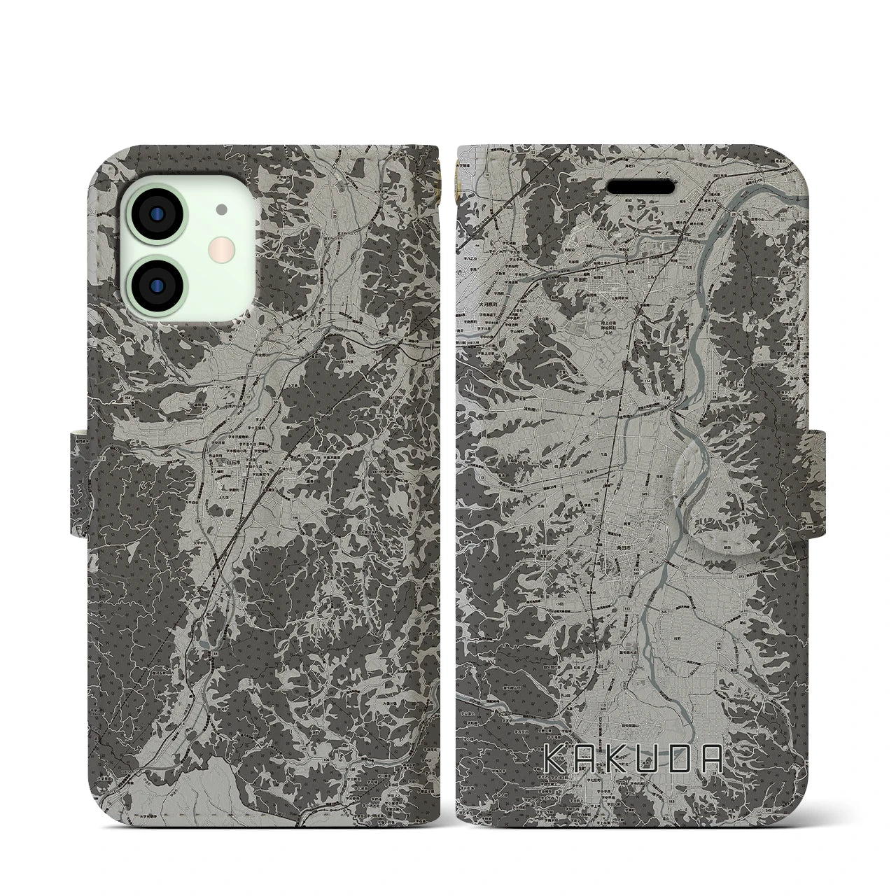 【角田(宮城県)】地図柄iPhoneケース(手帳タイプ)モノトーン・iPhone 12 mini 用