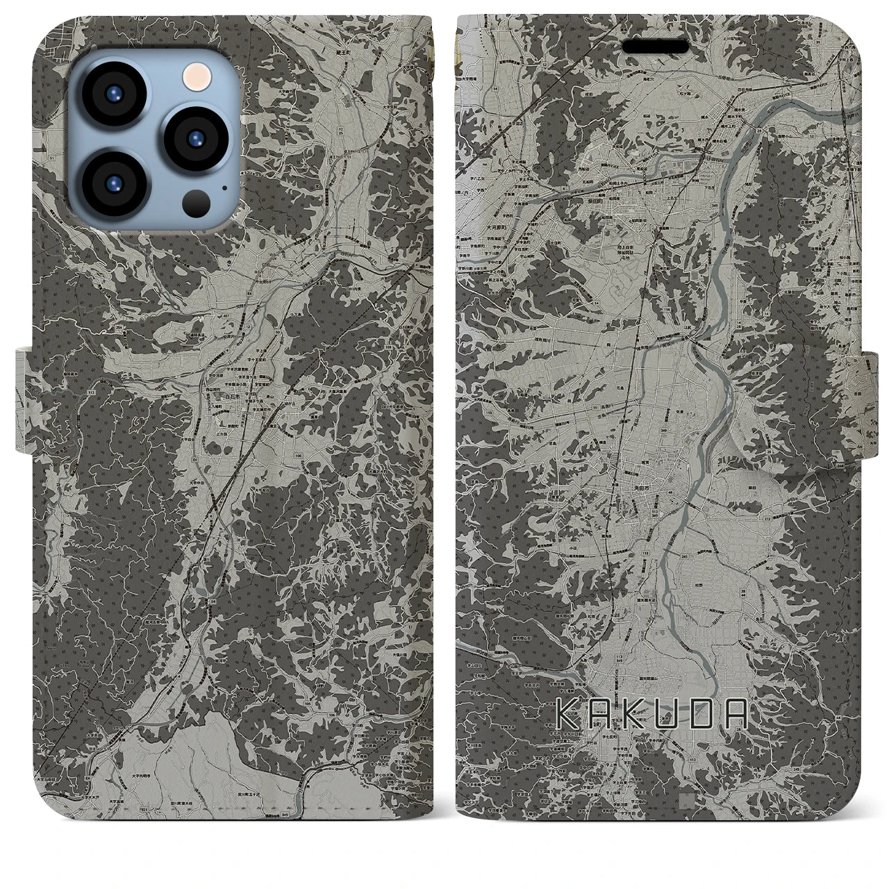 【角田(宮城県)】地図柄iPhoneケース(手帳タイプ)モノトーン・iPhone 13 Pro Max 用
