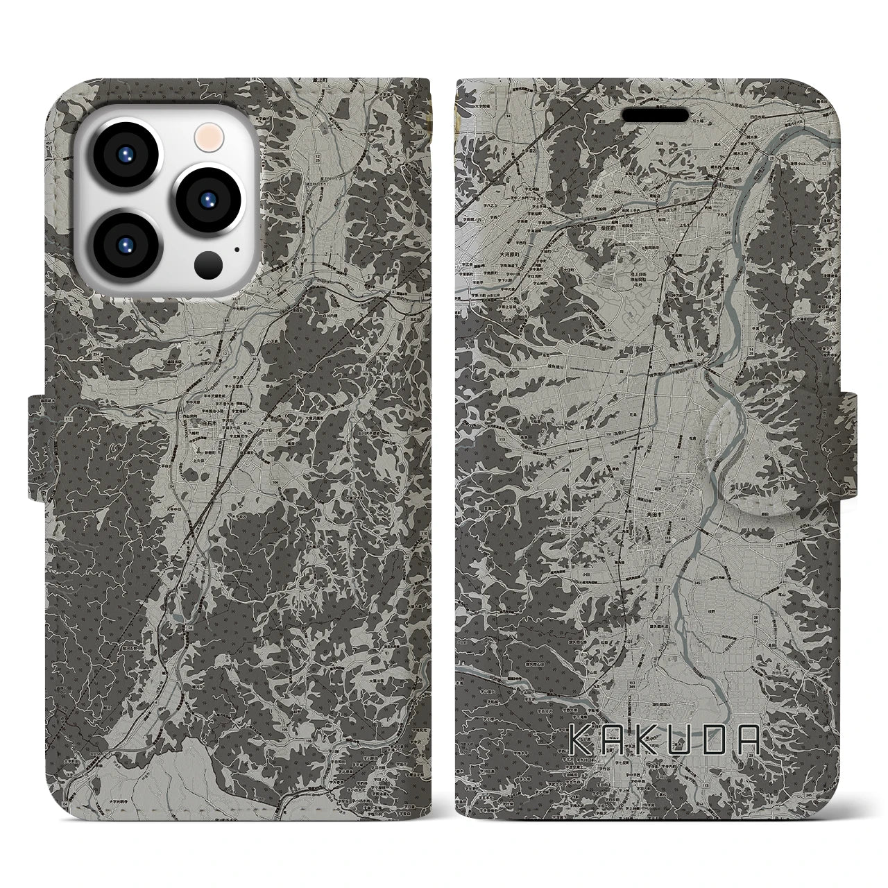 【角田(宮城県)】地図柄iPhoneケース(手帳タイプ)モノトーン・iPhone 13 Pro 用