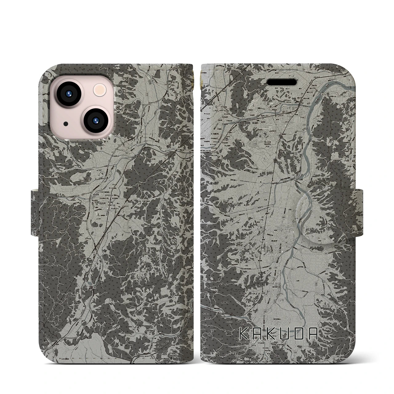 【角田(宮城県)】地図柄iPhoneケース(手帳タイプ)モノトーン・iPhone 13 mini 用