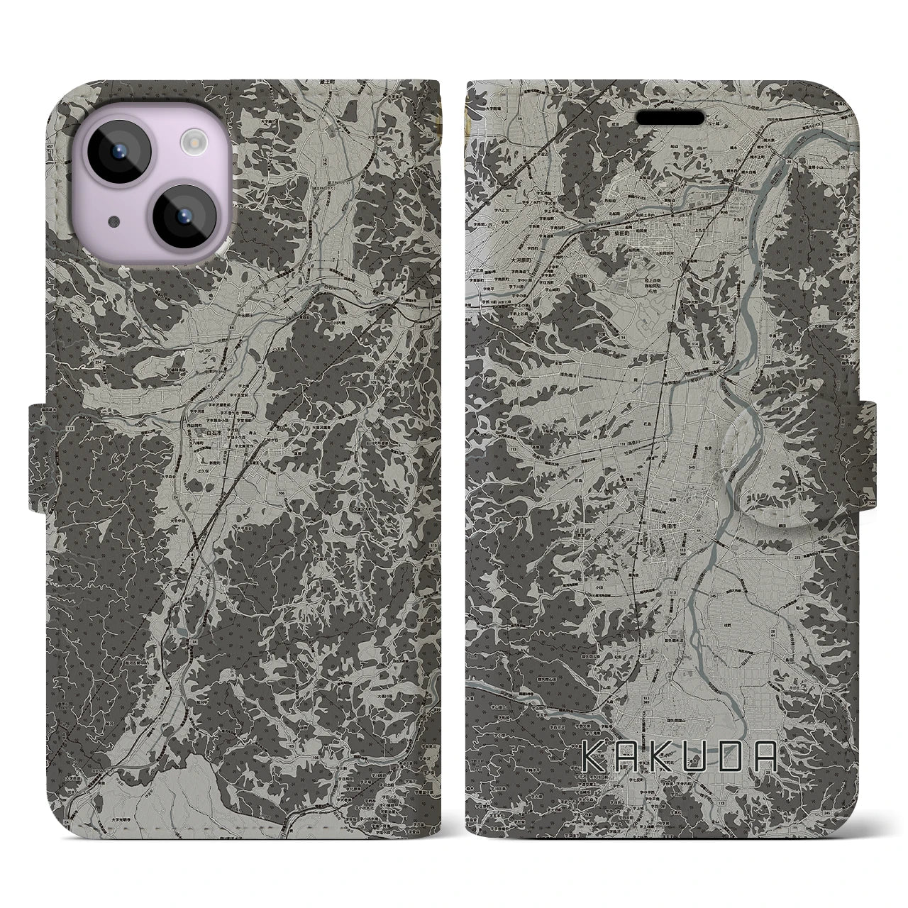 【角田(宮城県)】地図柄iPhoneケース(手帳タイプ)モノトーン・iPhone 14 用