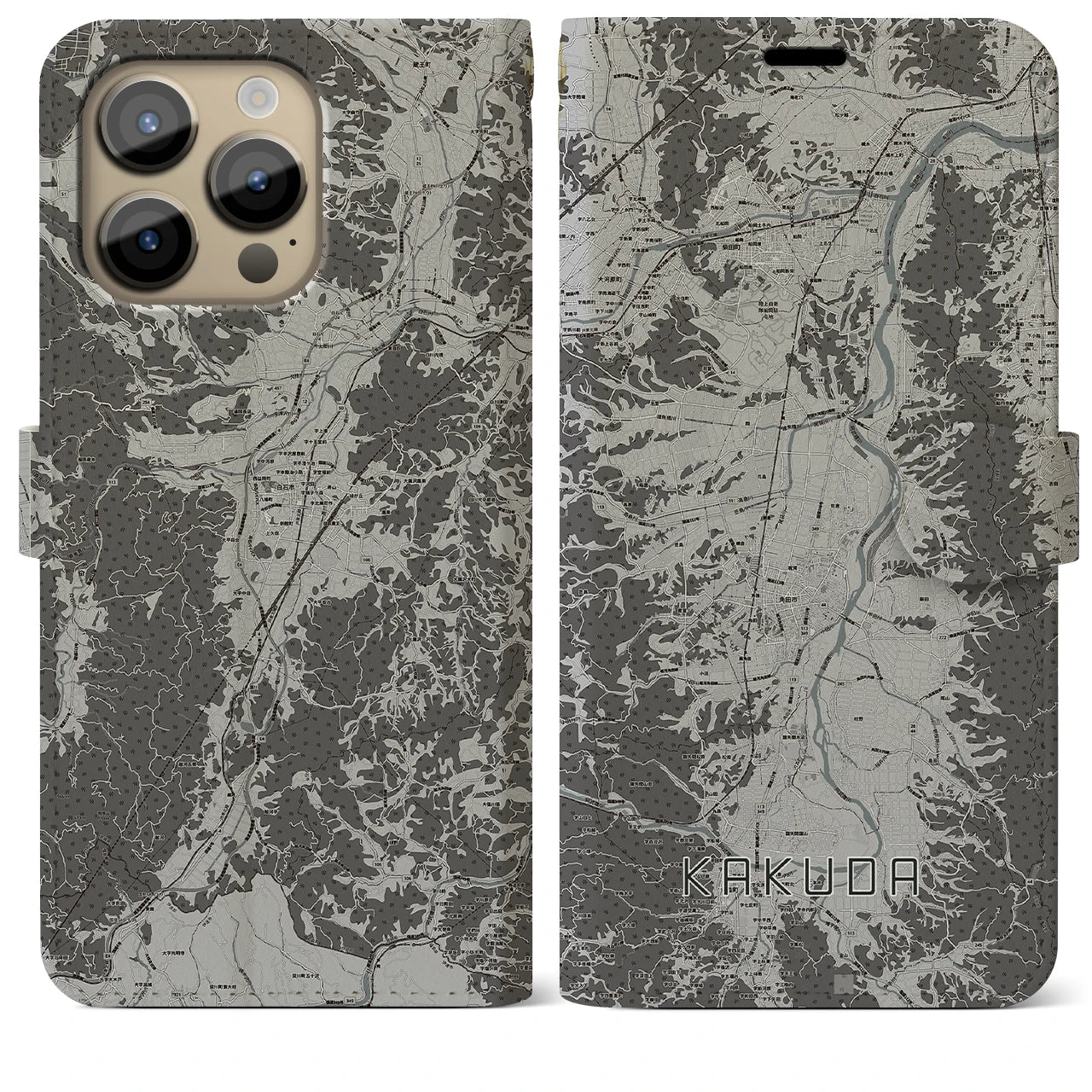 【角田(宮城県)】地図柄iPhoneケース(手帳タイプ)モノトーン・iPhone 14 Pro Max 用