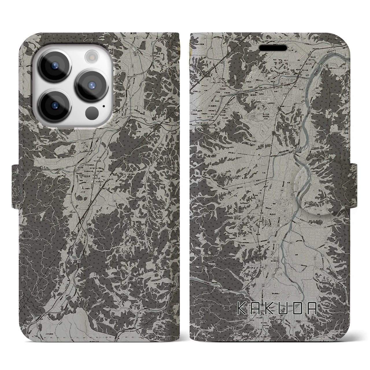 【角田(宮城県)】地図柄iPhoneケース(手帳タイプ)モノトーン・iPhone 14 Pro 用