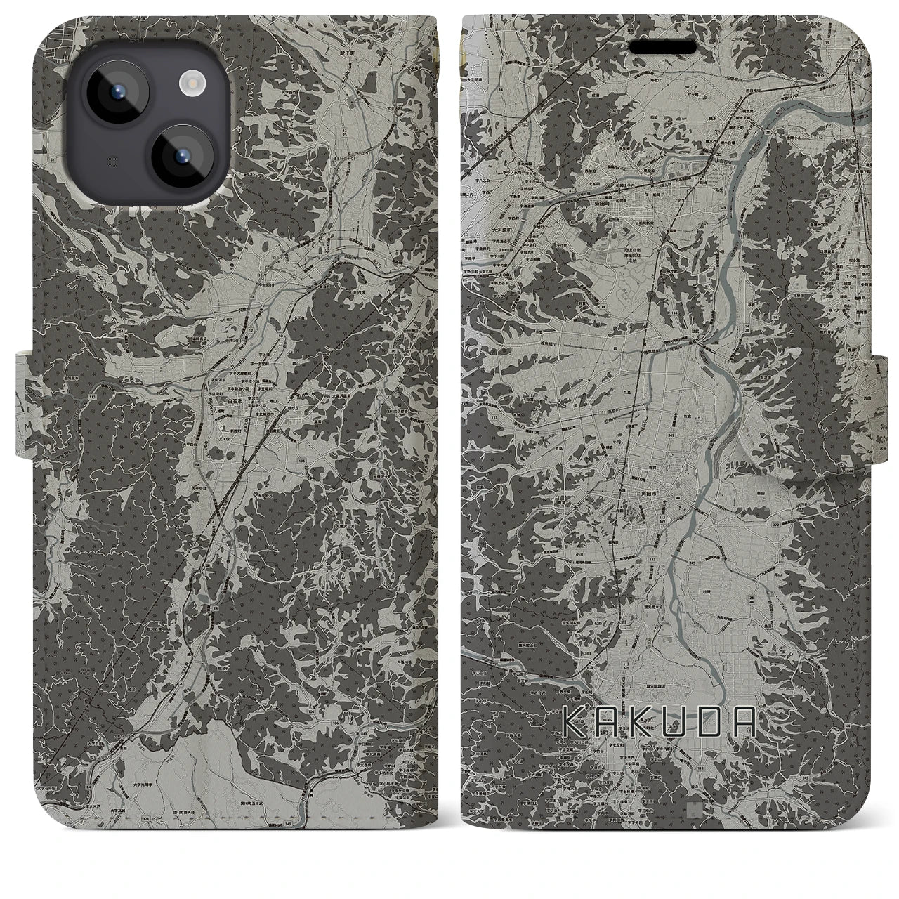 【角田(宮城県)】地図柄iPhoneケース(手帳タイプ)モノトーン・iPhone 14 Plus 用