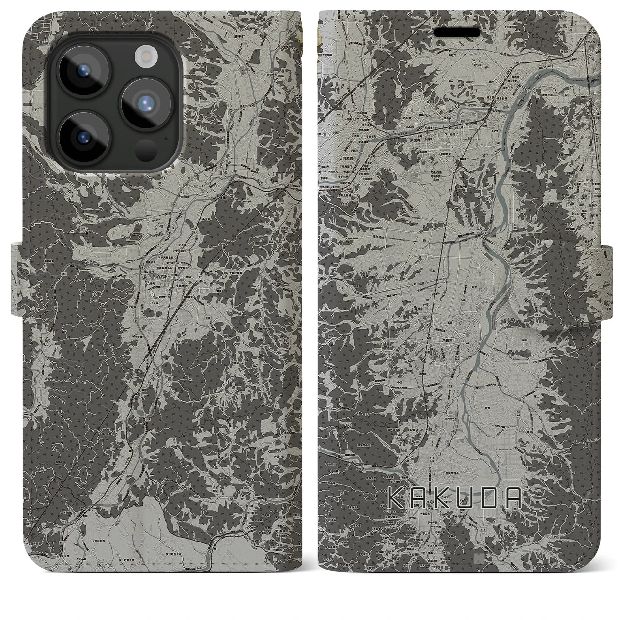 【角田(宮城県)】地図柄iPhoneケース(手帳タイプ)モノトーン・iPhone 15 Pro Max 用