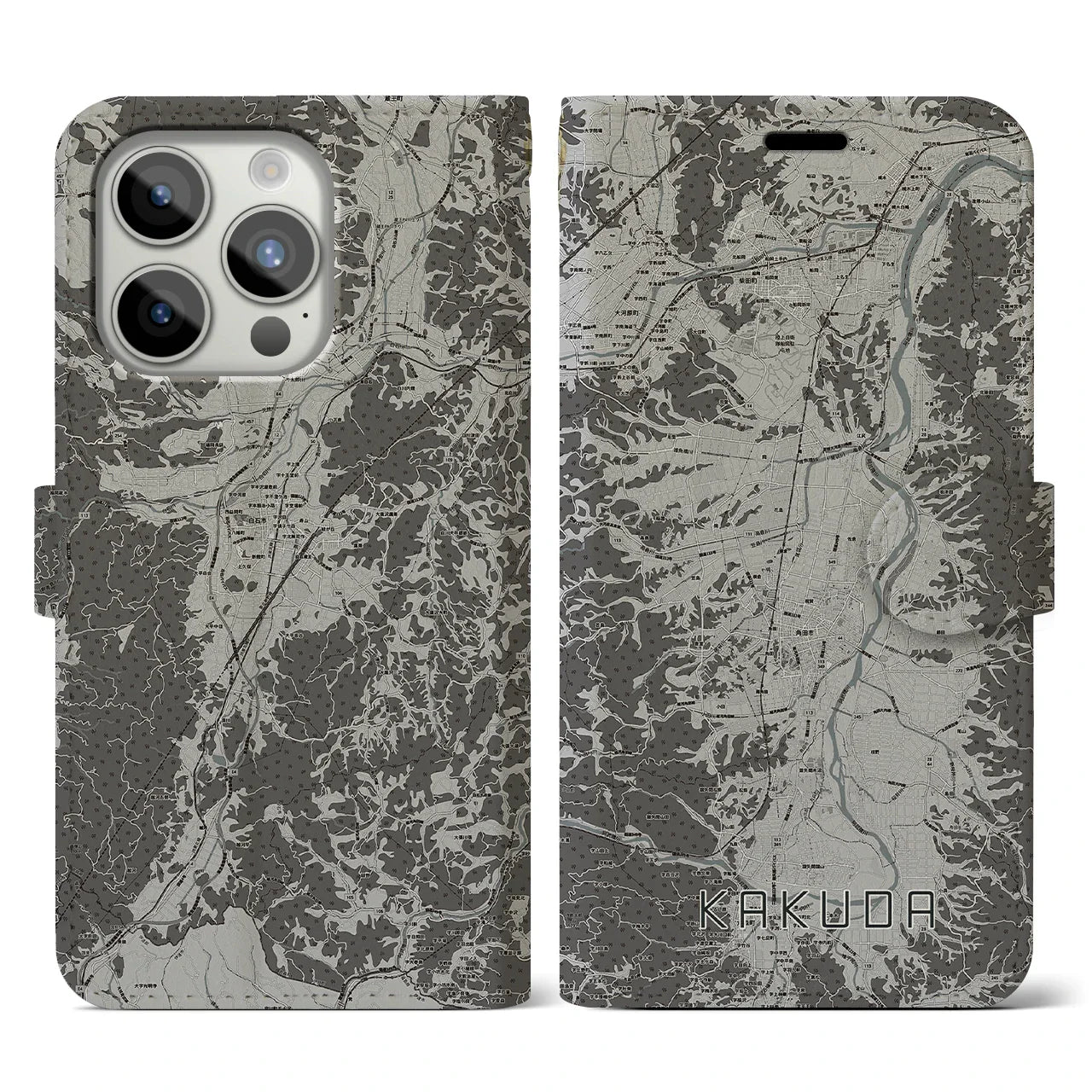 【角田(宮城県)】地図柄iPhoneケース(手帳タイプ)モノトーン・iPhone 15 Pro 用