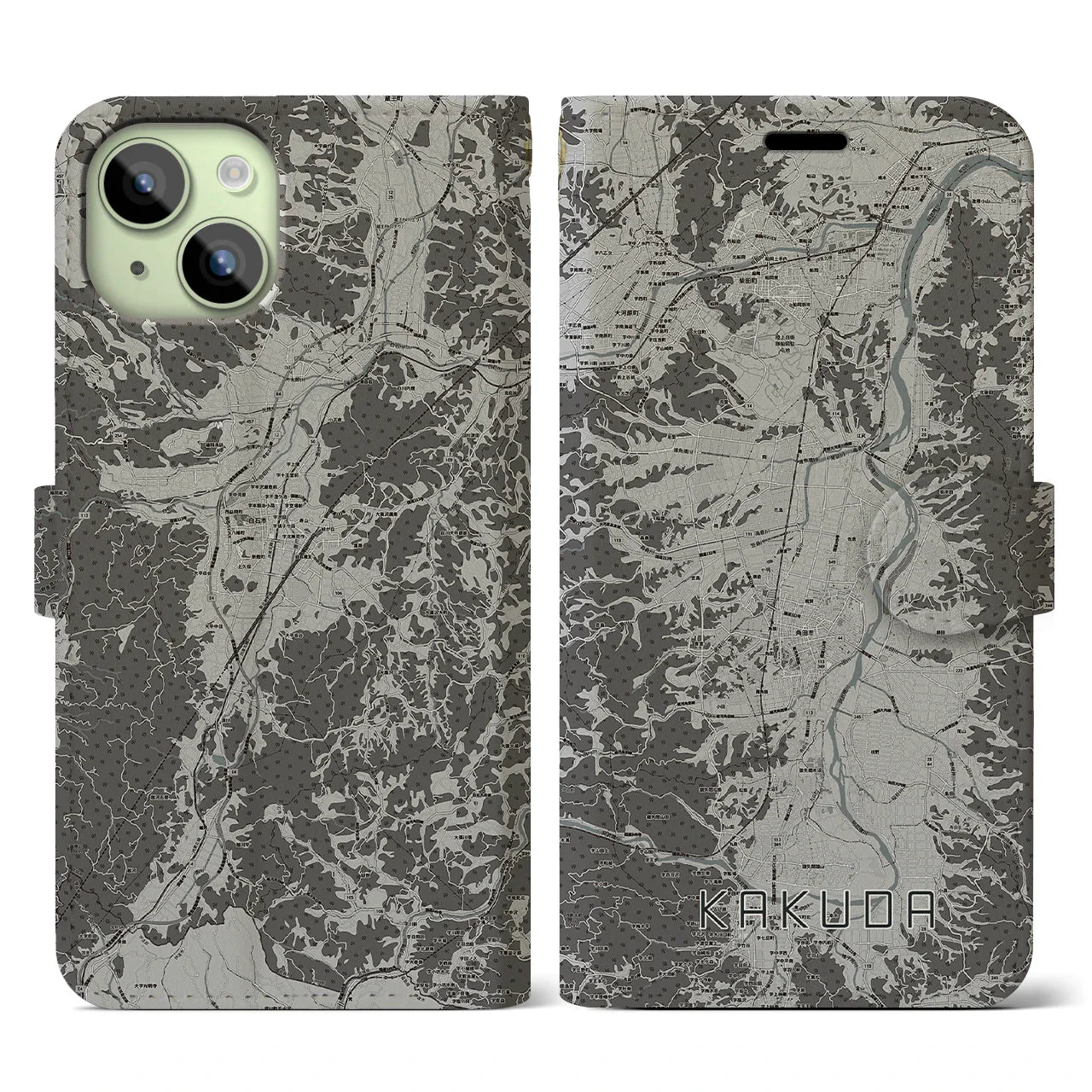 【角田(宮城県)】地図柄iPhoneケース(手帳タイプ)モノトーン・iPhone 15 用