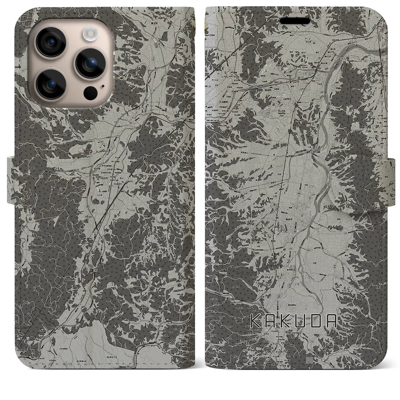 【角田(宮城県)】地図柄iPhoneケース(手帳タイプ)モノトーン・iPhone 16 Plus 用