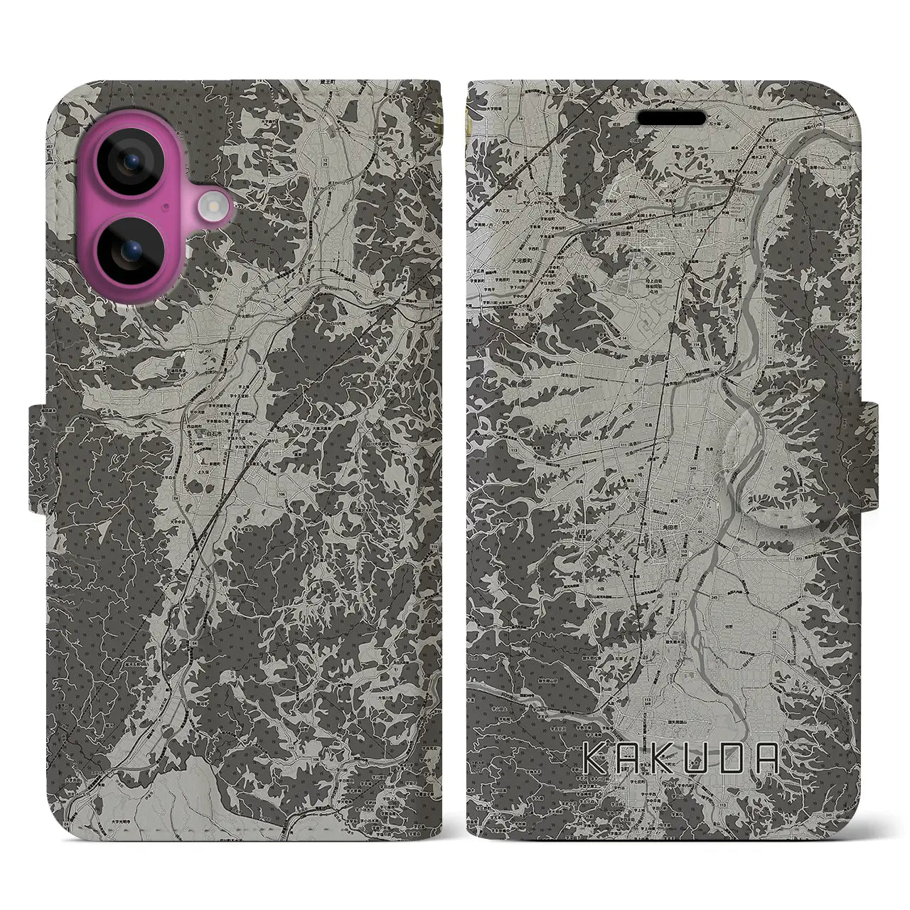【角田(宮城県)】地図柄iPhoneケース(手帳タイプ)モノトーン・iPhone 16 Pro 用