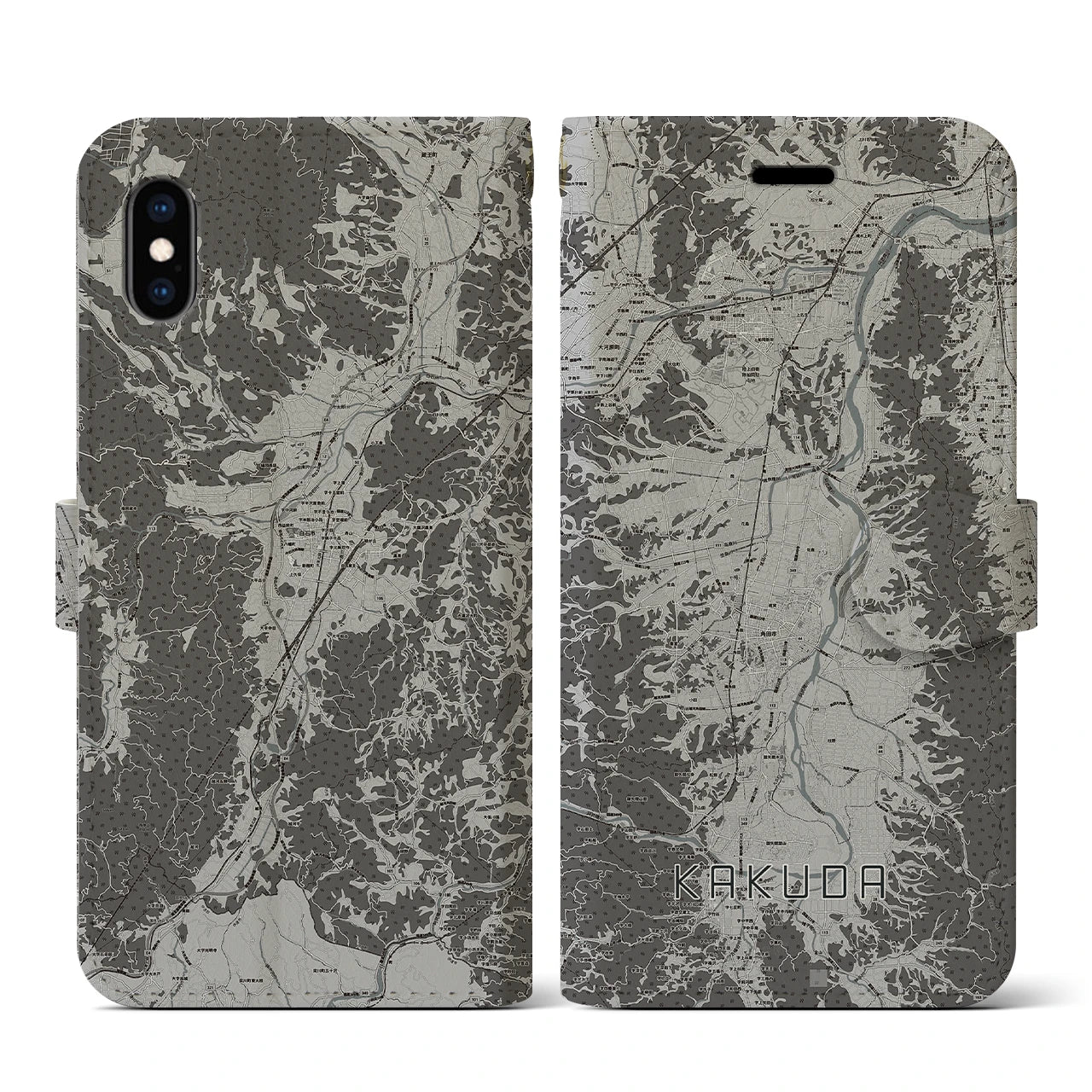 【角田(宮城県)】地図柄iPhoneケース(手帳タイプ)モノトーン・iPhone XS / X 用