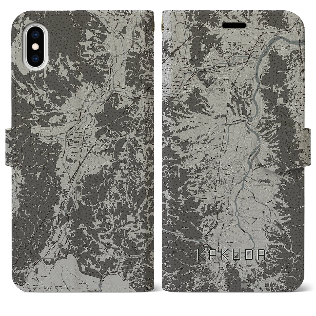 【角田(宮城県)】地図柄iPhoneケース(手帳タイプ)モノトーン・iPhone XS Max 用