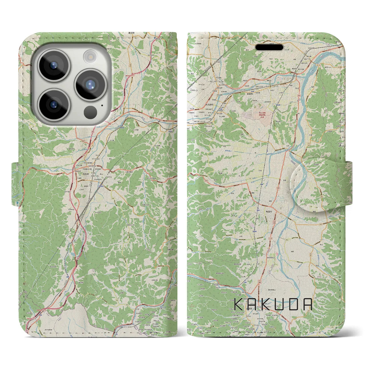 【角田(宮城県)】地図柄iPhoneケース(手帳タイプ)ナチュラル・iPhone 15 Pro 用