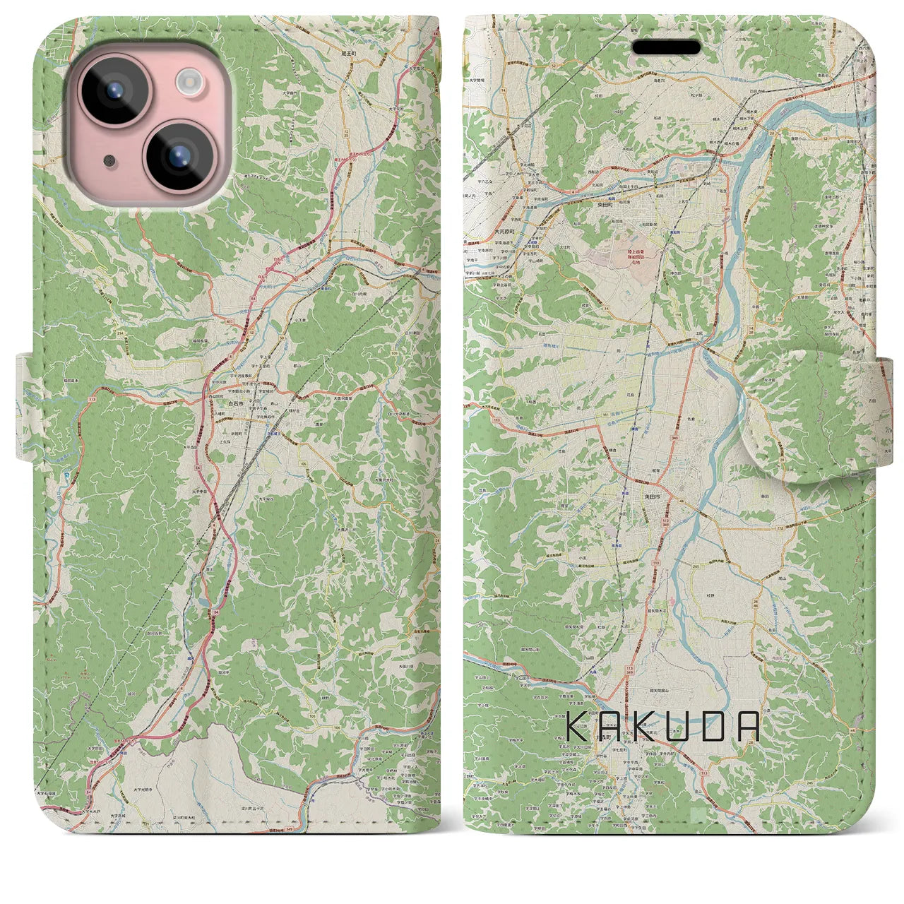 【角田(宮城県)】地図柄iPhoneケース(手帳タイプ)ナチュラル・iPhone 15 Plus 用