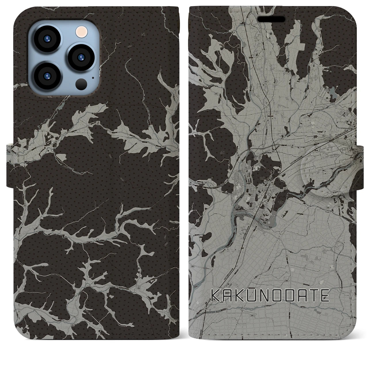 【角館(秋田県)】地図柄iPhoneケース(手帳タイプ)モノトーン・iPhone 13 Pro Max 用