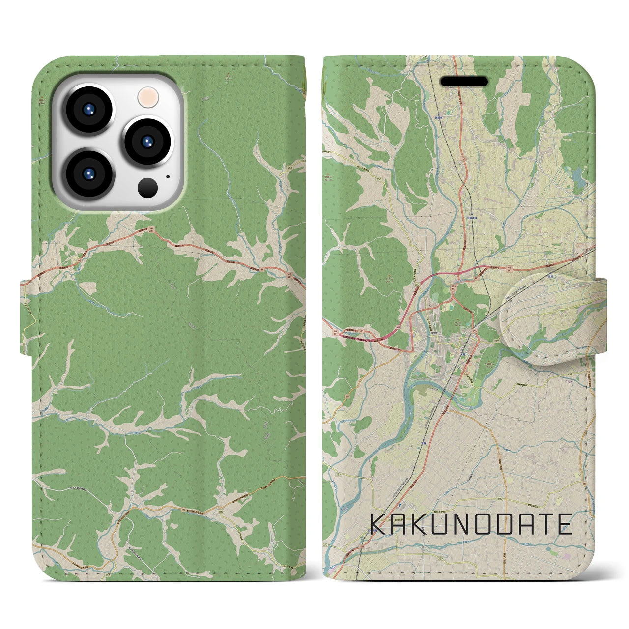 【角館(秋田県)】地図柄iPhoneケース(手帳タイプ)ナチュラル・iPhone 13 Pro 用