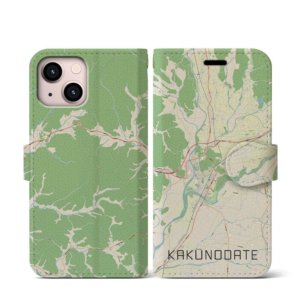 【角館(秋田県)】地図柄iPhoneケース(手帳タイプ)ナチュラル・iPhone 13 mini 用